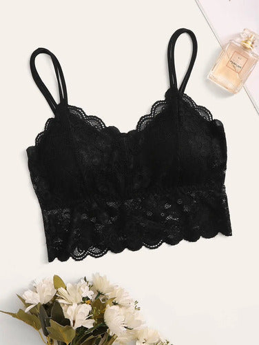 Top De Encaje Con Cuello Escote Profundo Con Push Up Mujer Negro/encaje 2xl