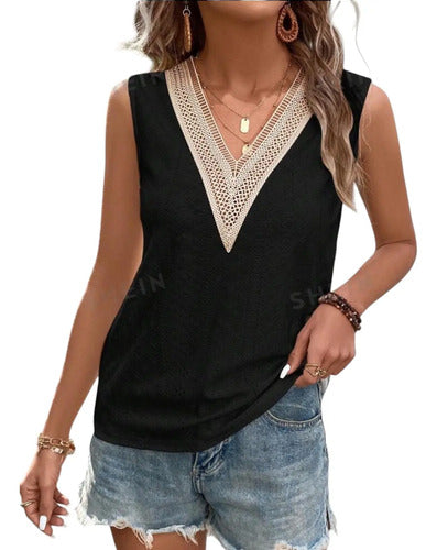 Blusa Camiseta Remera De Dama Cuello V  Con Detalle Tejido