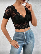 Top De Encaje Con Cuello Escote Profundo Para Mujer