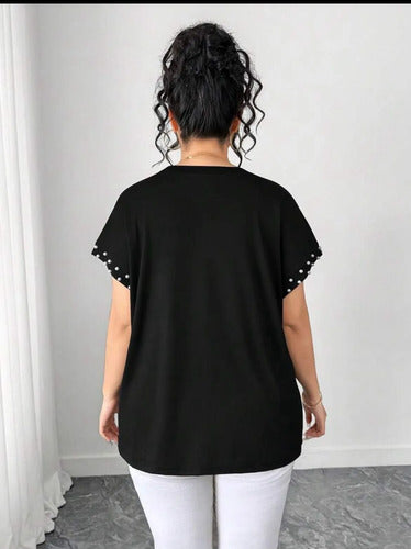 Blusa Plus Size Talle Grande Con Perlas Manga Corta Kikinas Negro Lisa/perlas 3xl
