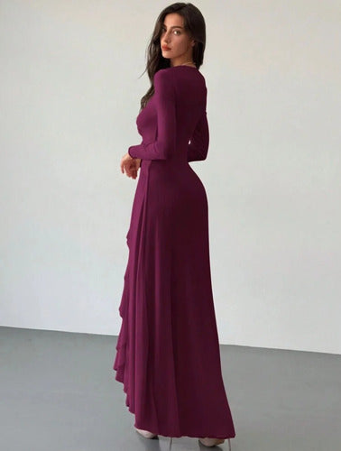 Vestido De Fiesta Largo  Cuello V Manga Campana Con Volados
