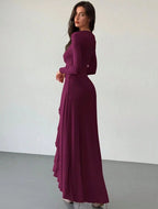 Vestido De Fiesta Largo  Cuello V Manga Campana Con Volados