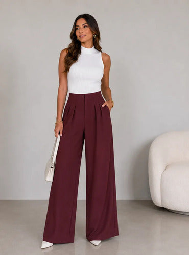 Pantalón De Vestir Palazzo Sastrero  Elástico Tipo Lino