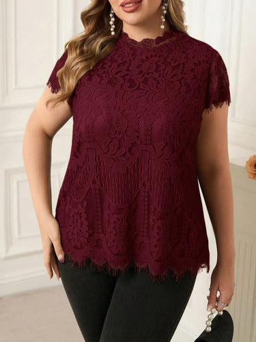 Blusa De Encaje Premium Manga Corta Talle Grande