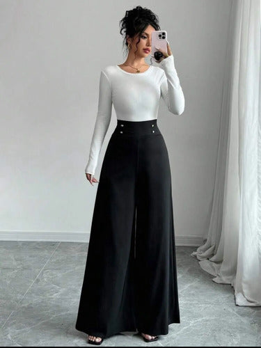 Pantalón Palazzo Elegante Oxford Con Botones Dorados Kikinas