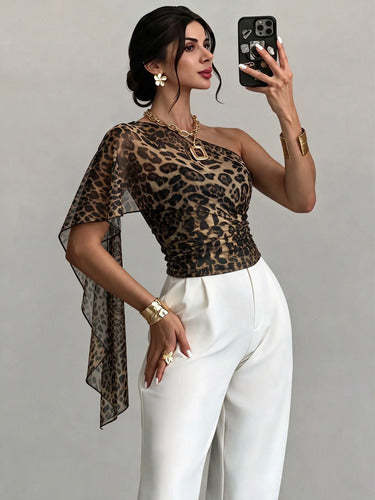 Blusa Manga Larga De Leopardo Con Tela De Transparencia