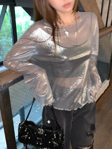 Blusa Top Malla Brillante Plateada De Fiesta Kikinas