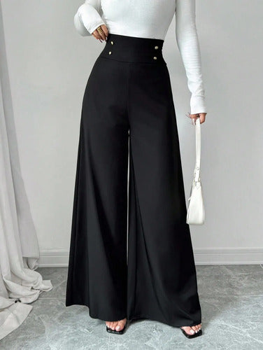 Pantalón Palazzo Elegante Oxford Con Botones Dorados Kikinas