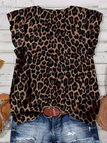 Blusa Manga Corta, De Diseño De Leopardo Talle Grande