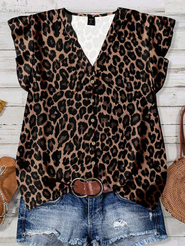Blusa Manga Corta, De Diseño De Leopardo Talle Grande