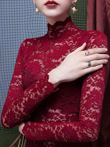 Blusa  Buzo Manga Larga Con Detalles Encaje Dama Kikinas Bordó Encaje/transparencia Xl