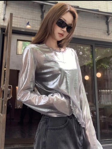 Blusa Top Malla Brillante Plateada De Fiesta Kikinas