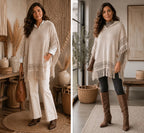 Poncho Capa De Punto Tejido Con Capucha  Kikinas Crema Tejida Unico