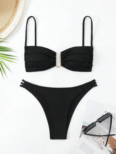 Bikini Malla Traje De Baño  Detalle En El Pecho Negro S