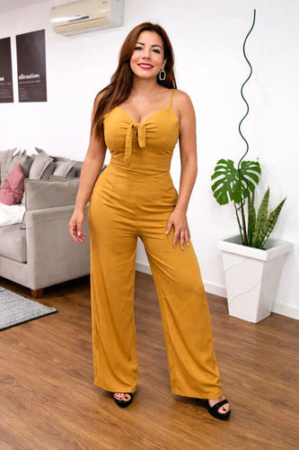 Mono Enterizo Monito De Dama Con Moño Casual De Vestir Mostaza Lisa M
