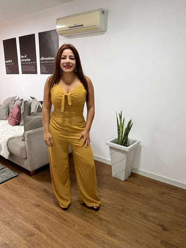 Mono Enterizo Monito De Dama Con Moño Casual De Vestir Mostaza Lisa M