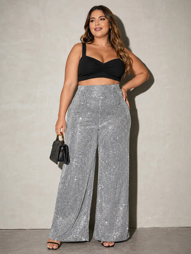 Pantalón Fiesta Palazzo Plateado Plus Size Oxford  Kikinas Plateado Brillante Xxl