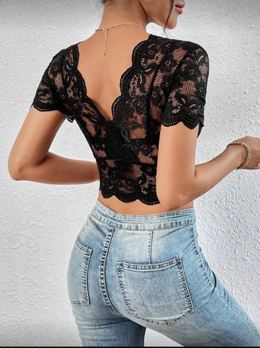 Top Encaje Con Cuello Escote Profundo Para Mujer