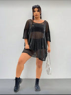 Remeron Plus Size Malla Transparente Brillante Lurex Vestido