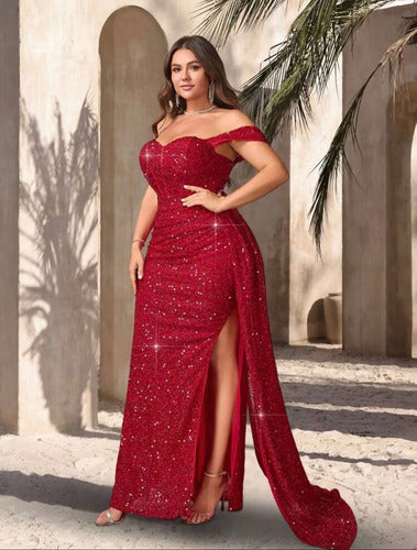 Vestidos Largo Fiesta Lentejuelas Talle Grande Con Tajo