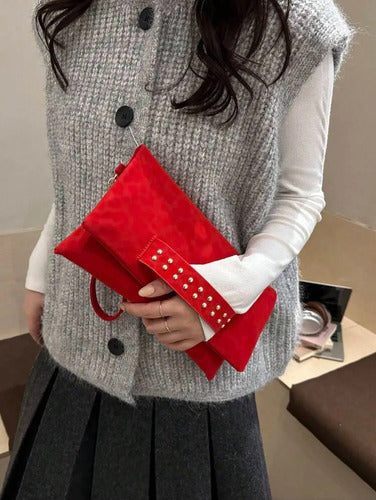 Sobre De Fiesta Gamuza Cartera De Mano  Elegante  Kikinas Rojo Gamuza Oro