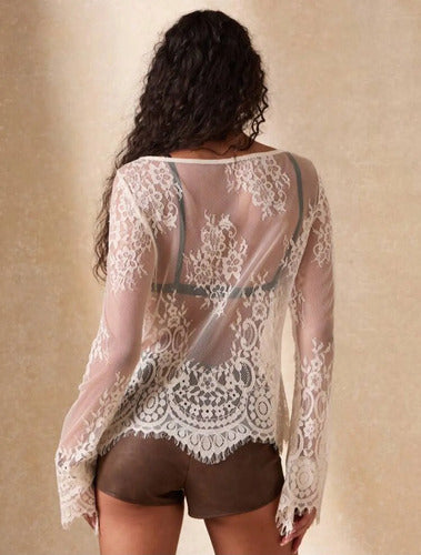 Top De Encaje Blusa Bluson Remerón  Transparente Kikinas