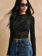 Blusa De Cuello Alto De Malla Transparente Con Brillantes Negro S