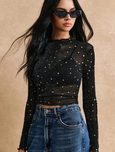 Blusa De Cuello Alto De Malla Transparente Con Brillantes Negro S