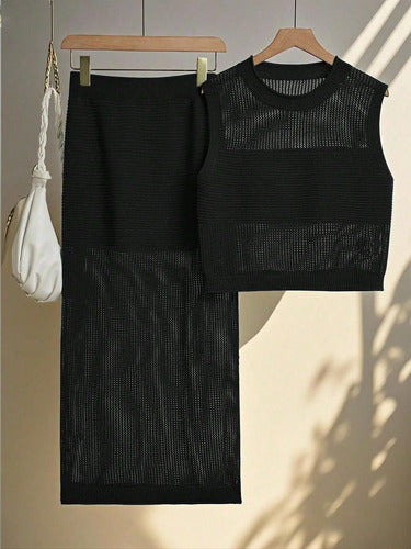 Conjunto Top Pollera Verano Playero De Punto Kikinas