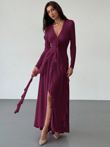 Vestido De Fiesta Largo  Cuello V Manga Campana Con Volados