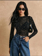 Blusa De Cuello Alto De Malla Transparente Con Brillantes Negro S