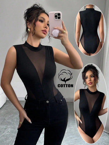 Body Sexy Escote De Malla Transparente Cuello Redondo Kikina Negro/transparente Lisa/transparencia Xl