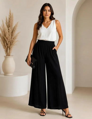 Pantalón Palazzo Elegante Gasa Oxford Plus Size Kikinas Negro Gasa Xl