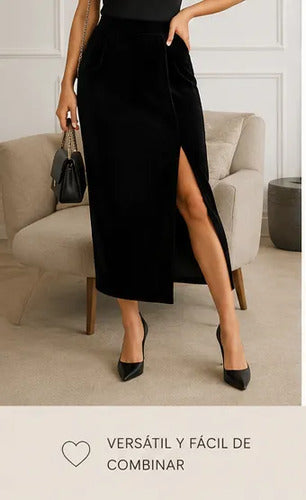 Pollera De Terciopelo De Fiesta Elegante Con Tajo Kikinas Negro Terciopelo M