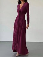 Vestido De Fiesta Largo  Cuello V Manga Campana Con Volados