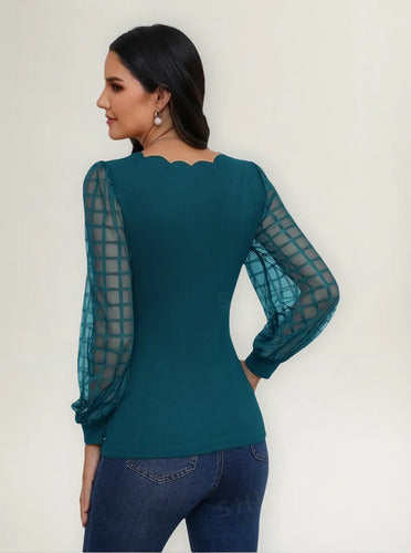 Camisa De Malla Transparente Con Mangas Abuchonada Y Ribetes