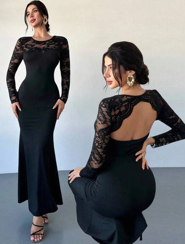 Vestido Largo Fiesta  Encaje Corte Sirena Manga Larga