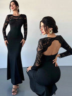 Vestido Largo Fiesta  Encaje Corte Sirena Manga Larga