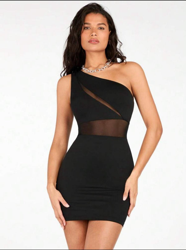 Vestido Ajustado de una Manga de tela elastizada mate y Transparencias