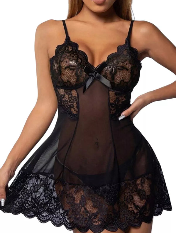 Conjunto De Lencería Con Encaje, Sexy Babydoll Con Tanga